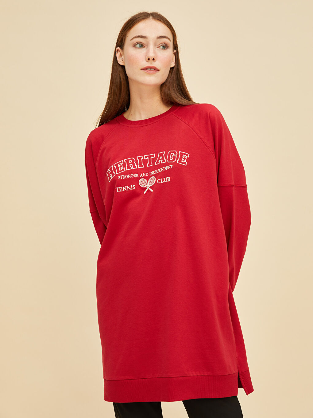 LCW Modest Crew Neck Embroidered Long Sleeve Women's Sweatshirt Tunic -W1G120Z8-RWY