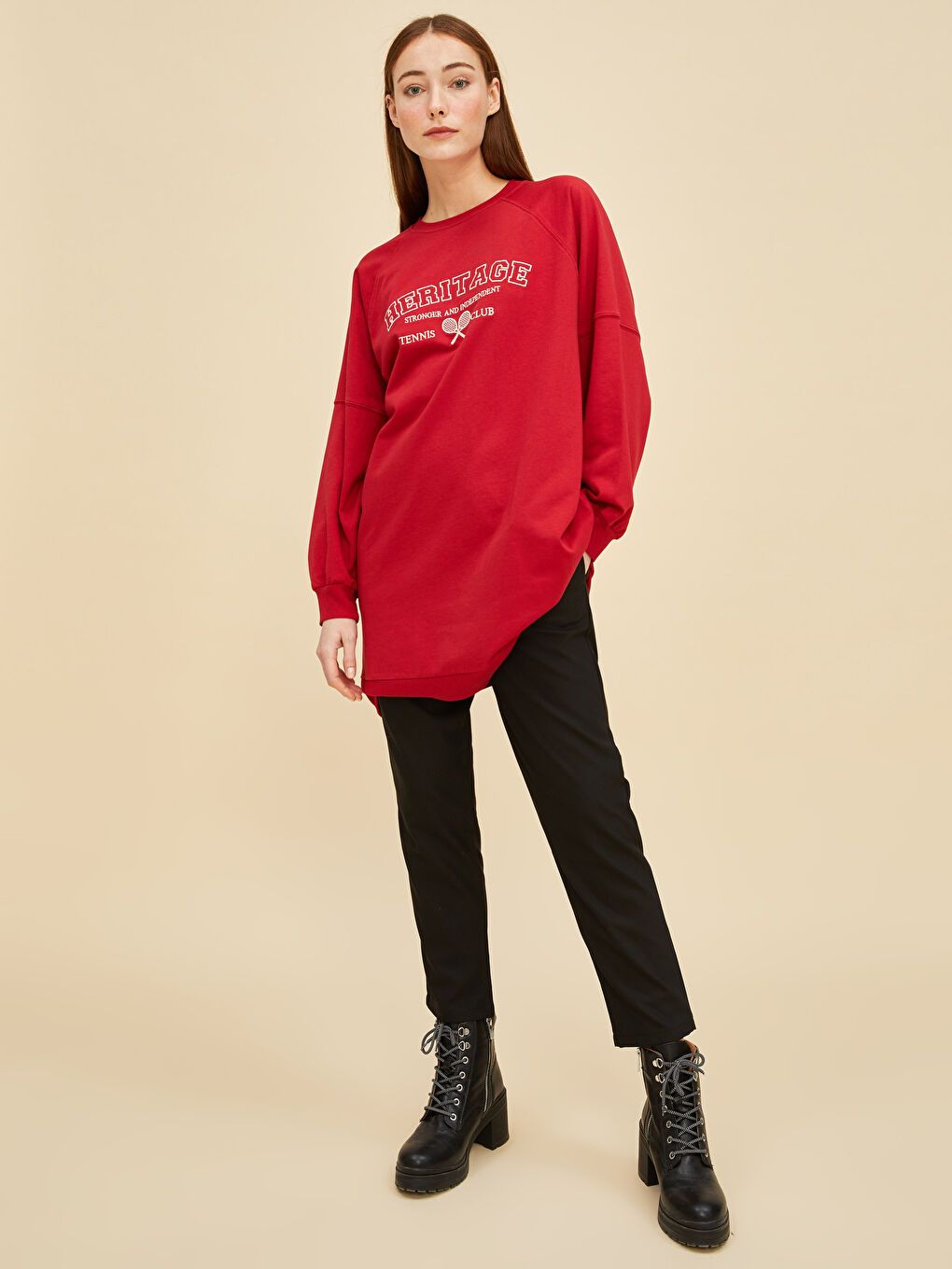 LCW Modest Crew Neck Embroidered Long Sleeve Women's Sweatshirt Tunic -W1G120Z8-RWY
