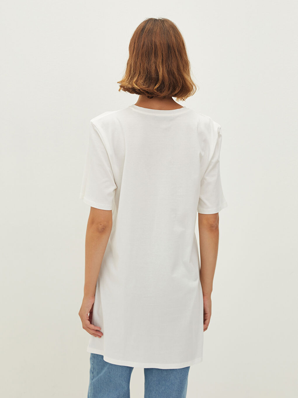 تونيك نسائي بكول مدور وكم قصير مطبوع من القطن-4