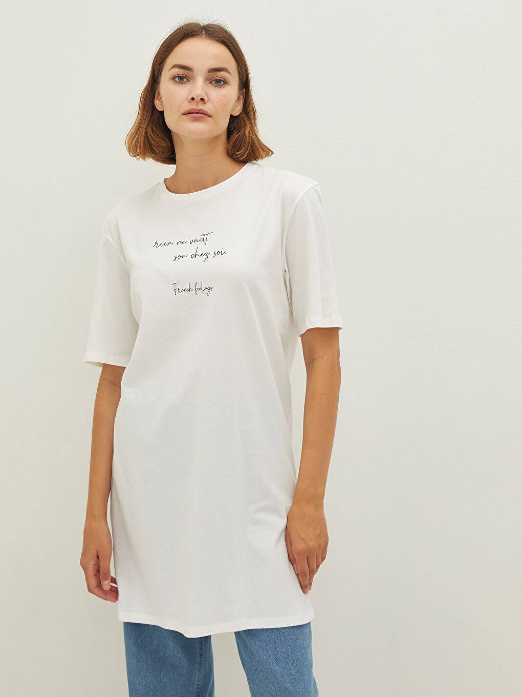 تونيك نسائي بكول مدور وكم قصير مطبوع من القطن-1