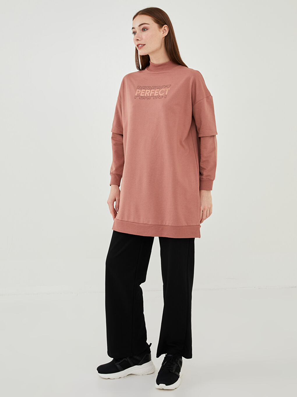 LCW Modest Pembe Bisiklet Yaka Baskılı Uzun Kollu Kadın Sweatshirt Tunik - 2