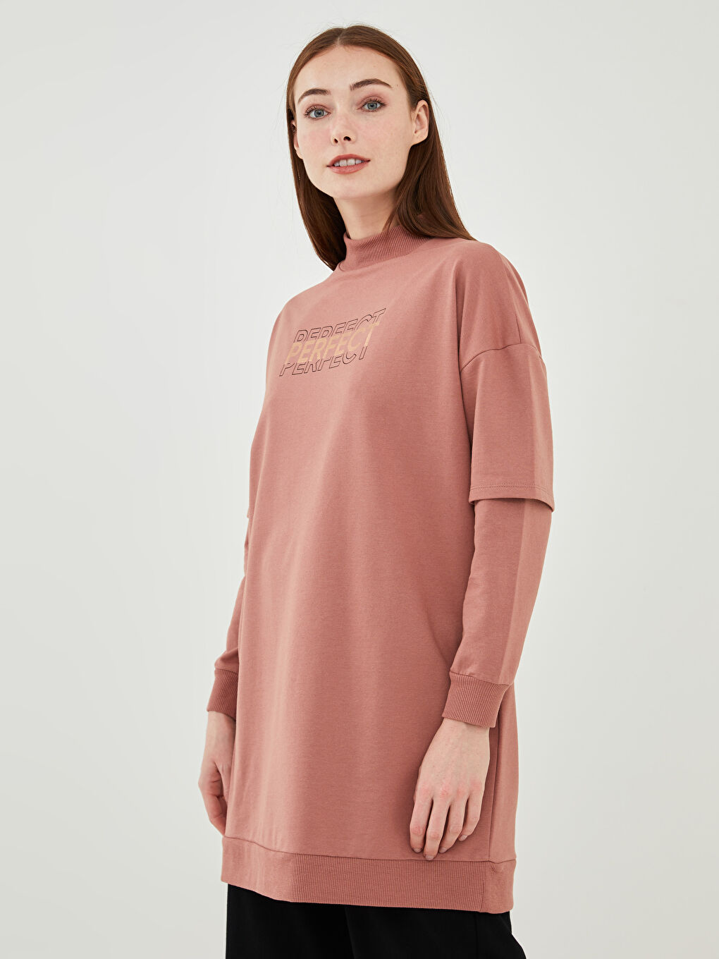 LCW Modest Pembe Bisiklet Yaka Baskılı Uzun Kollu Kadın Sweatshirt Tunik - 1