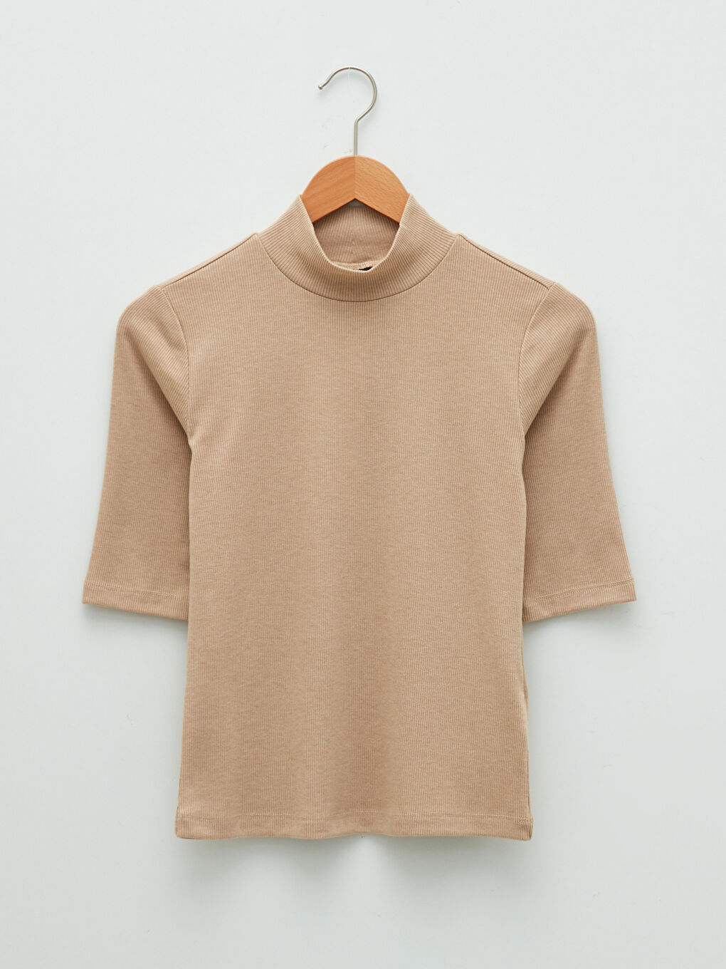 Stand Collar Straight Short Sleeve Rib Fabric Women's T-Shirt-5