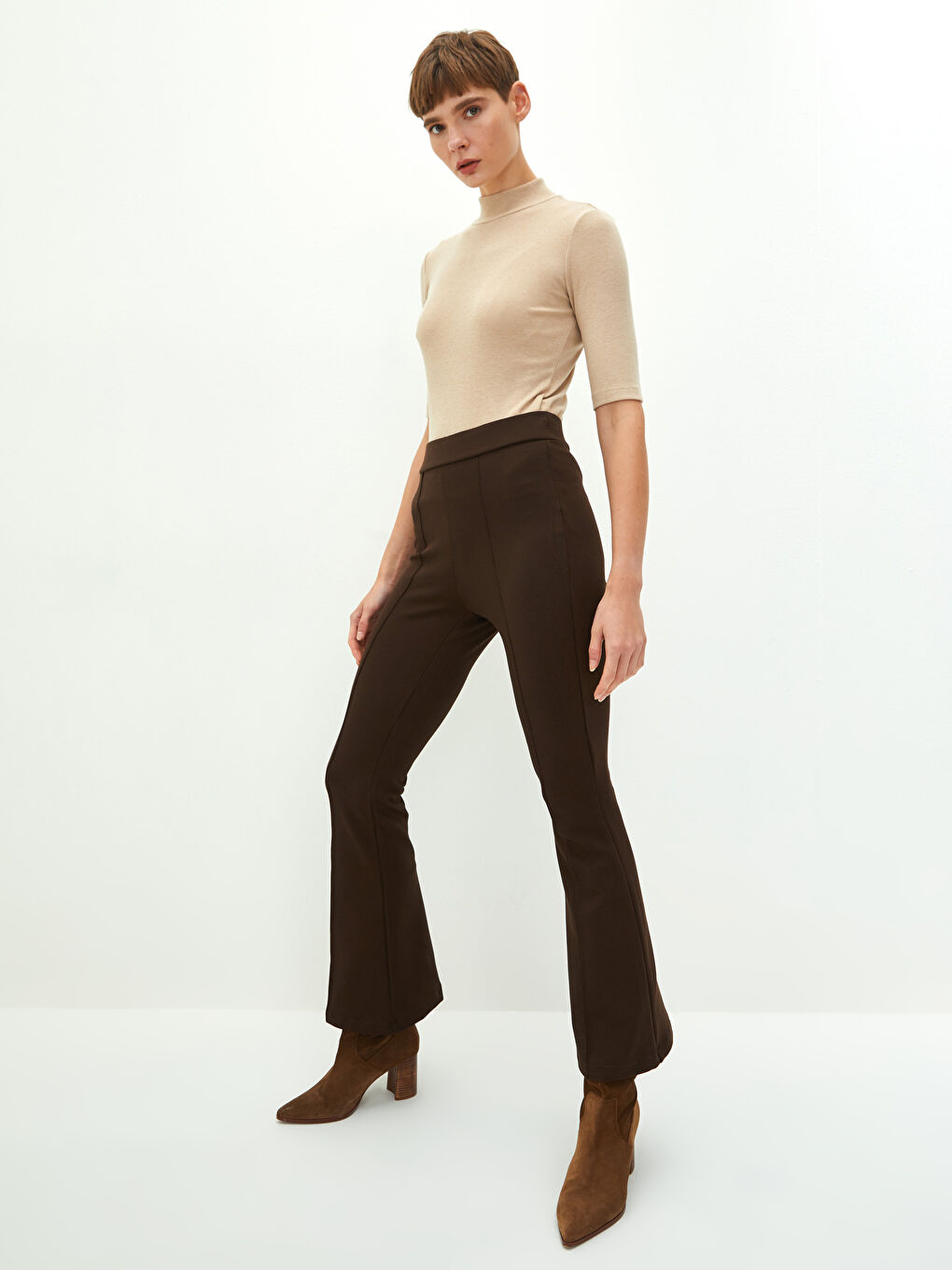 Stand Collar Straight Short Sleeve Rib Fabric Women's T-Shirt-2