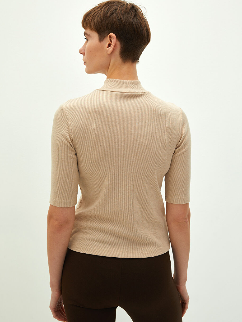 Stand Collar Straight Short Sleeve Rib Fabric Women's T-Shirt-4