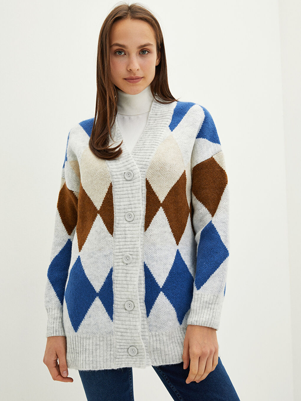 Mavi V Yaka Desenli Kadın Triko Hırka-1