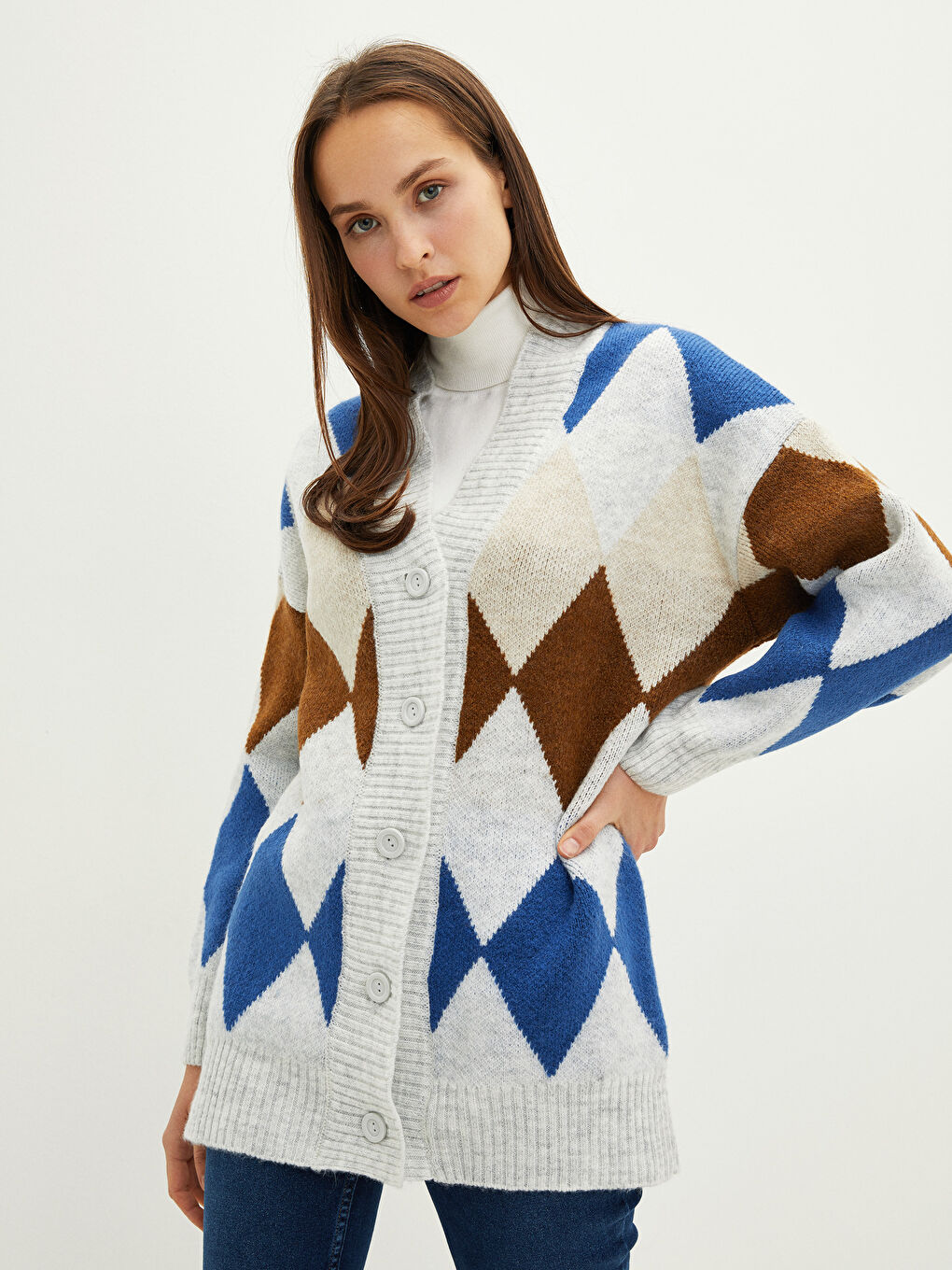 Mavi V Yaka Desenli Kadın Triko Hırka-3