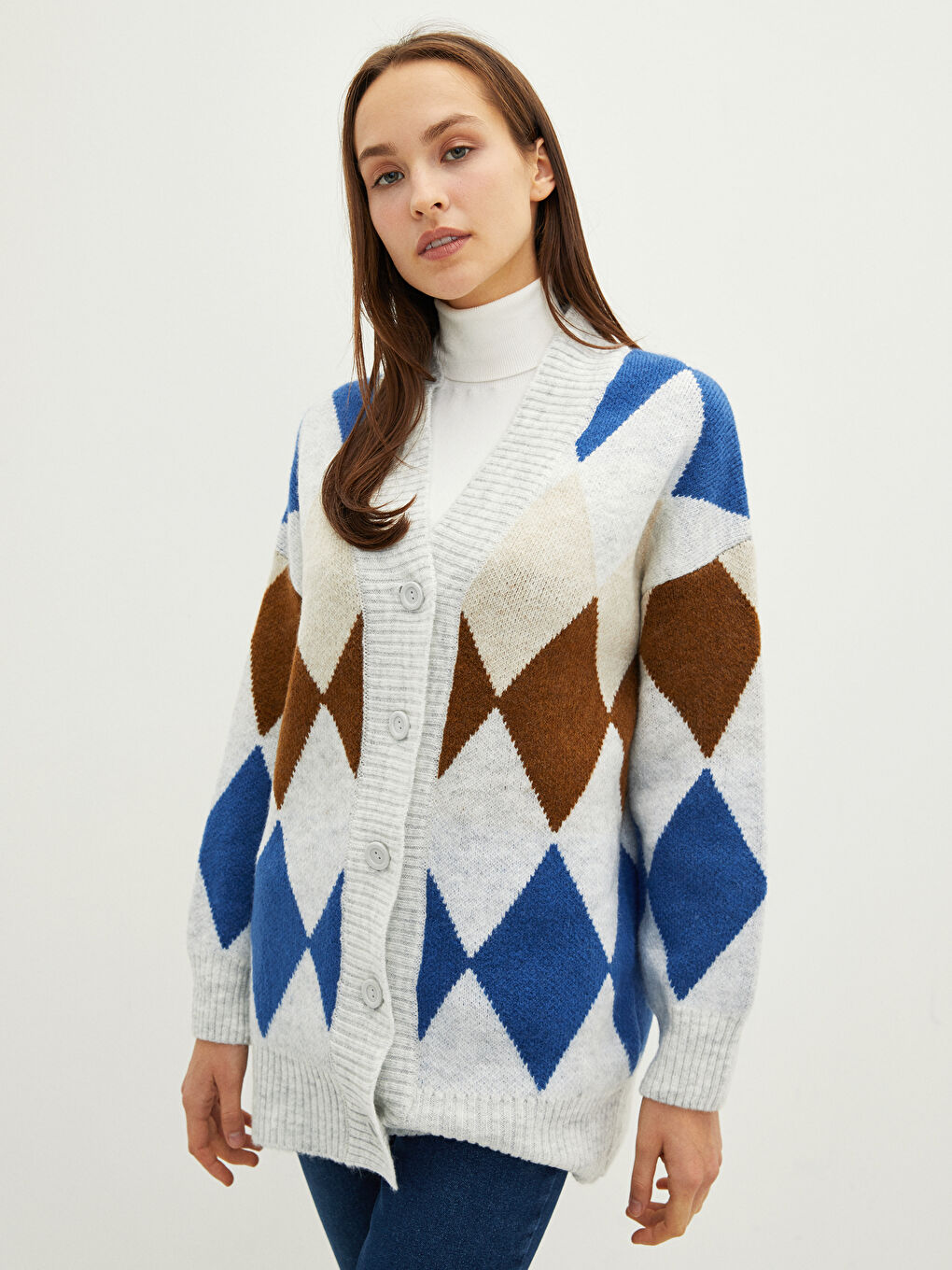 Mavi V Yaka Desenli Kadın Triko Hırka-5