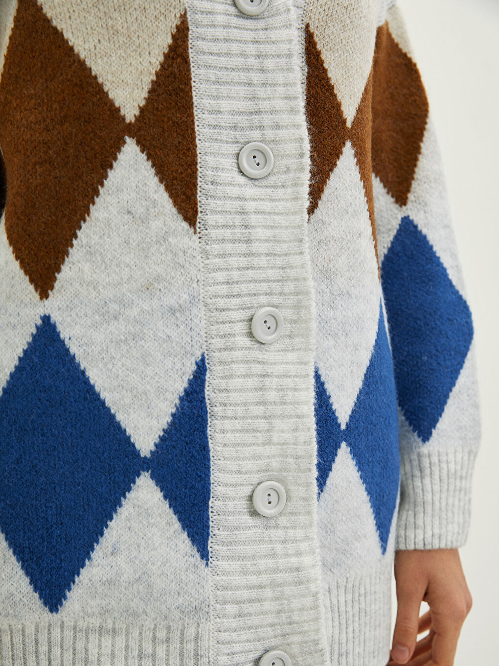 Mavi V Yaka Desenli Kadın Triko Hırka-7