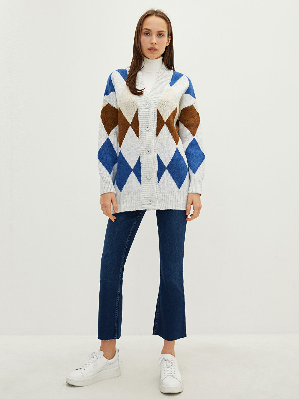 Mavi V Yaka Desenli Kadın Triko Hırka-8