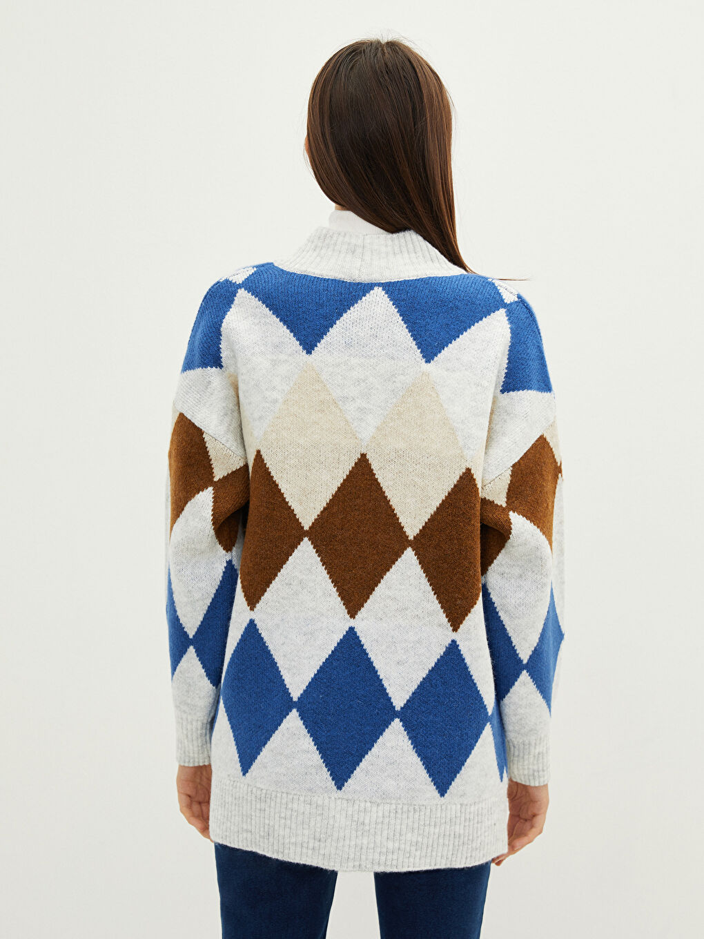 Mavi V Yaka Desenli Kadın Triko Hırka-9