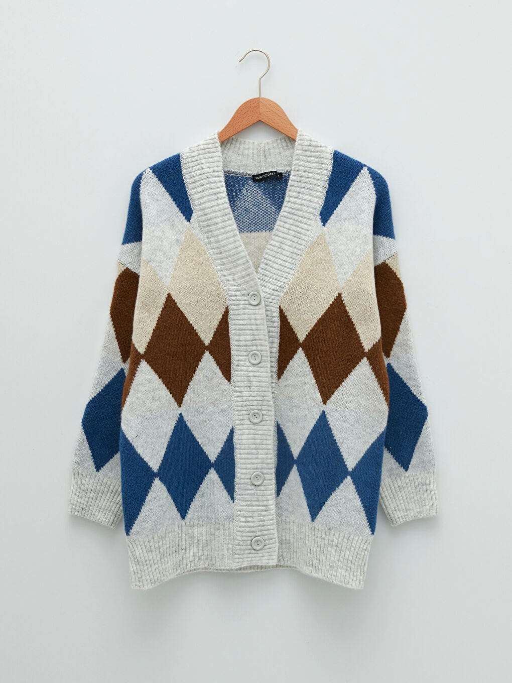 Mavi V Yaka Desenli Kadın Triko Hırka-10