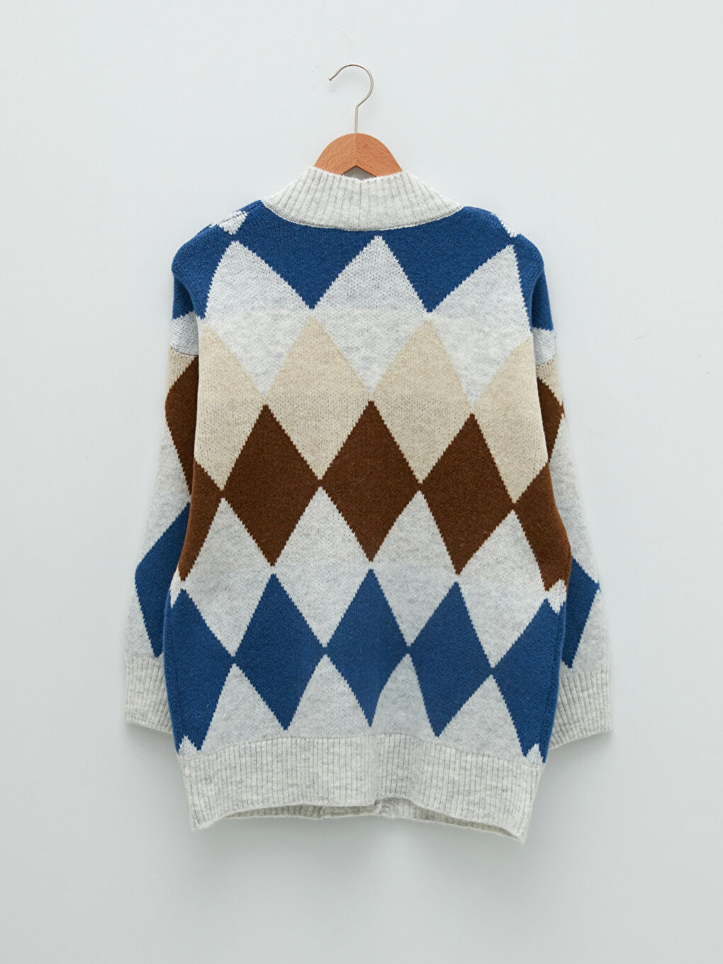 Mavi V Yaka Desenli Kadın Triko Hırka-11