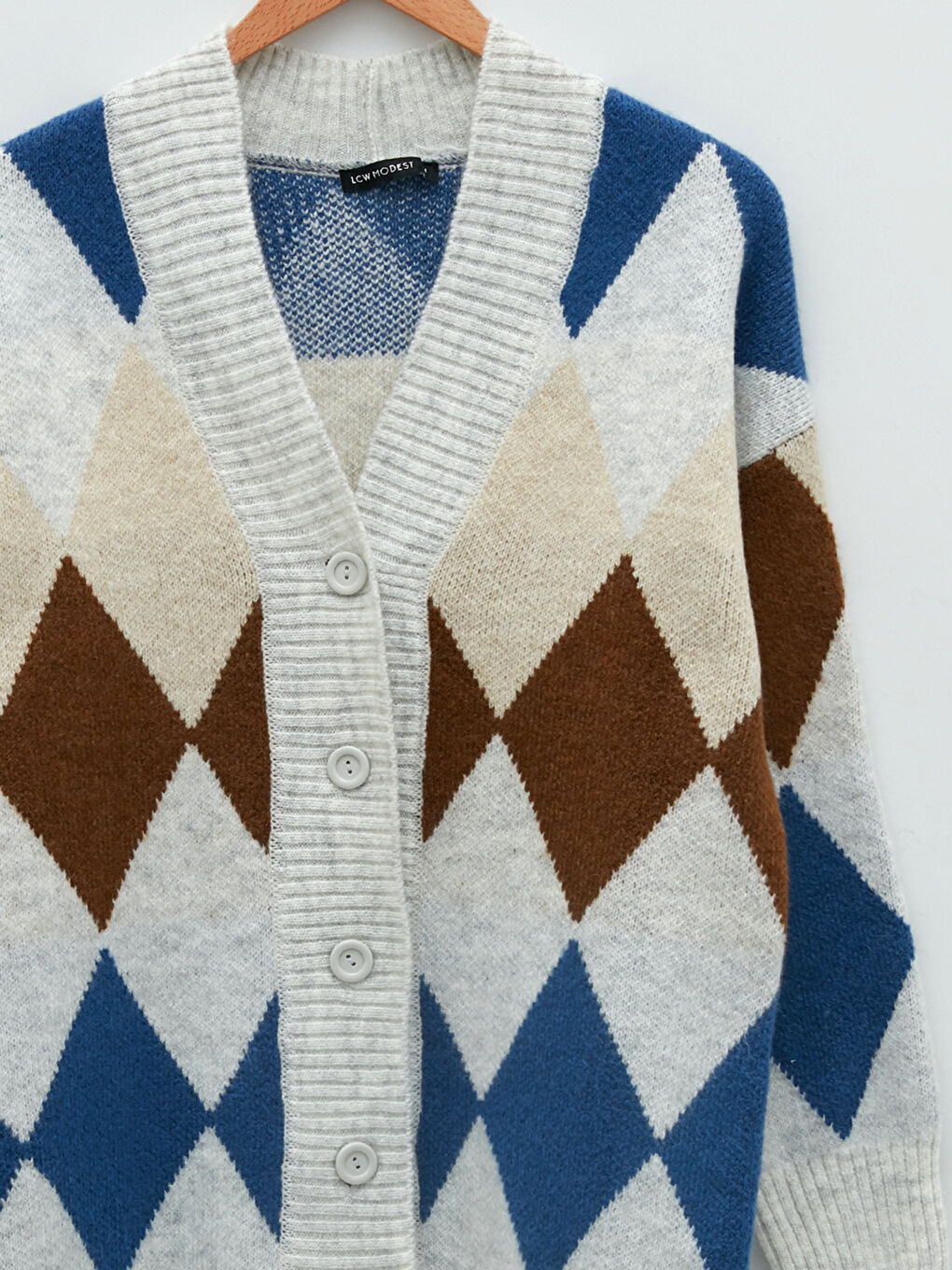 Mavi V Yaka Desenli Kadın Triko Hırka-12