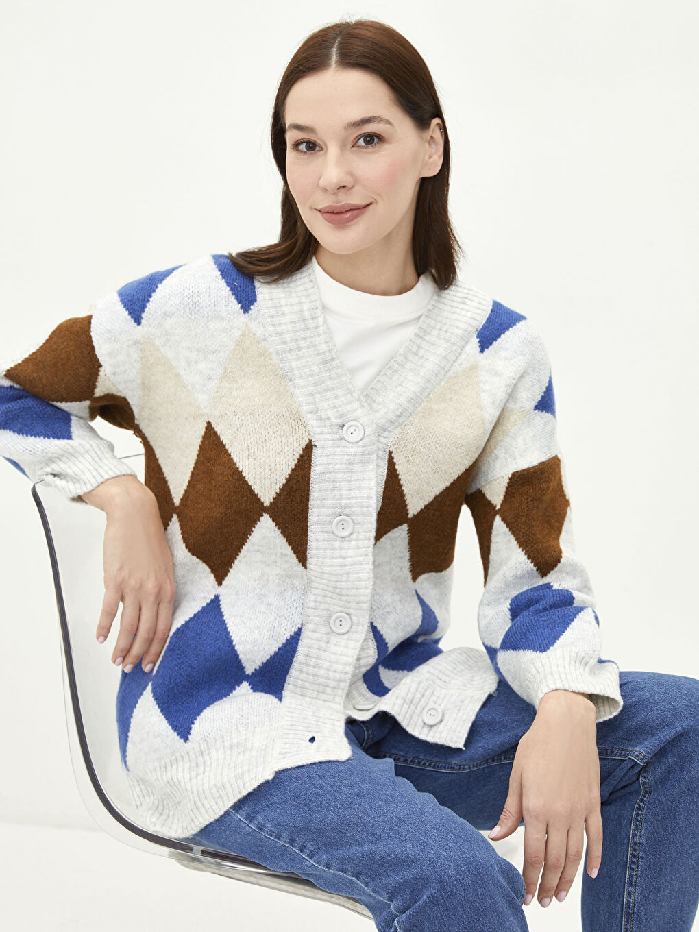 Mavi V Yaka Desenli Kadın Triko Hırka