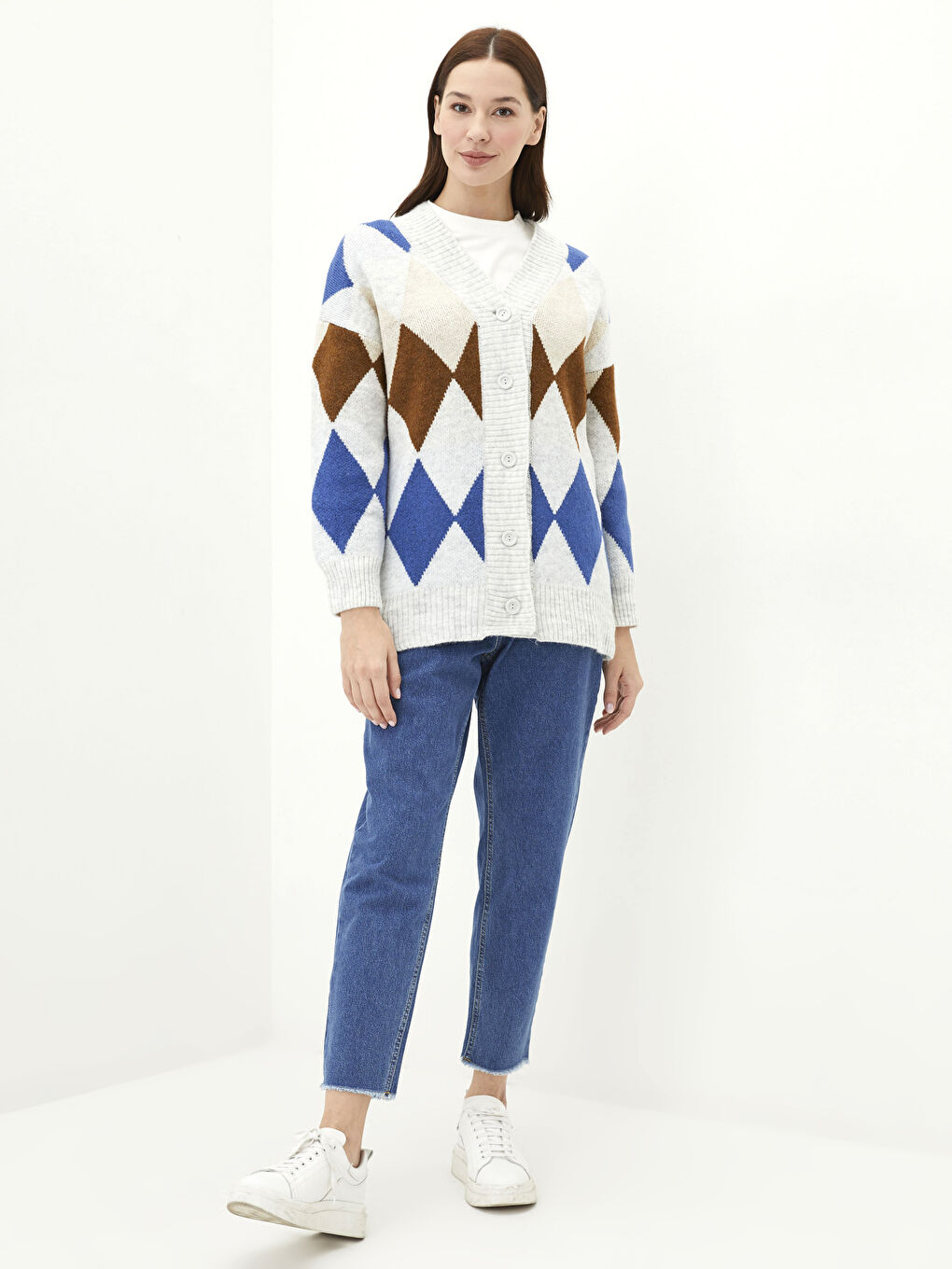 Mavi V Yaka Desenli Kadın Triko Hırka-2