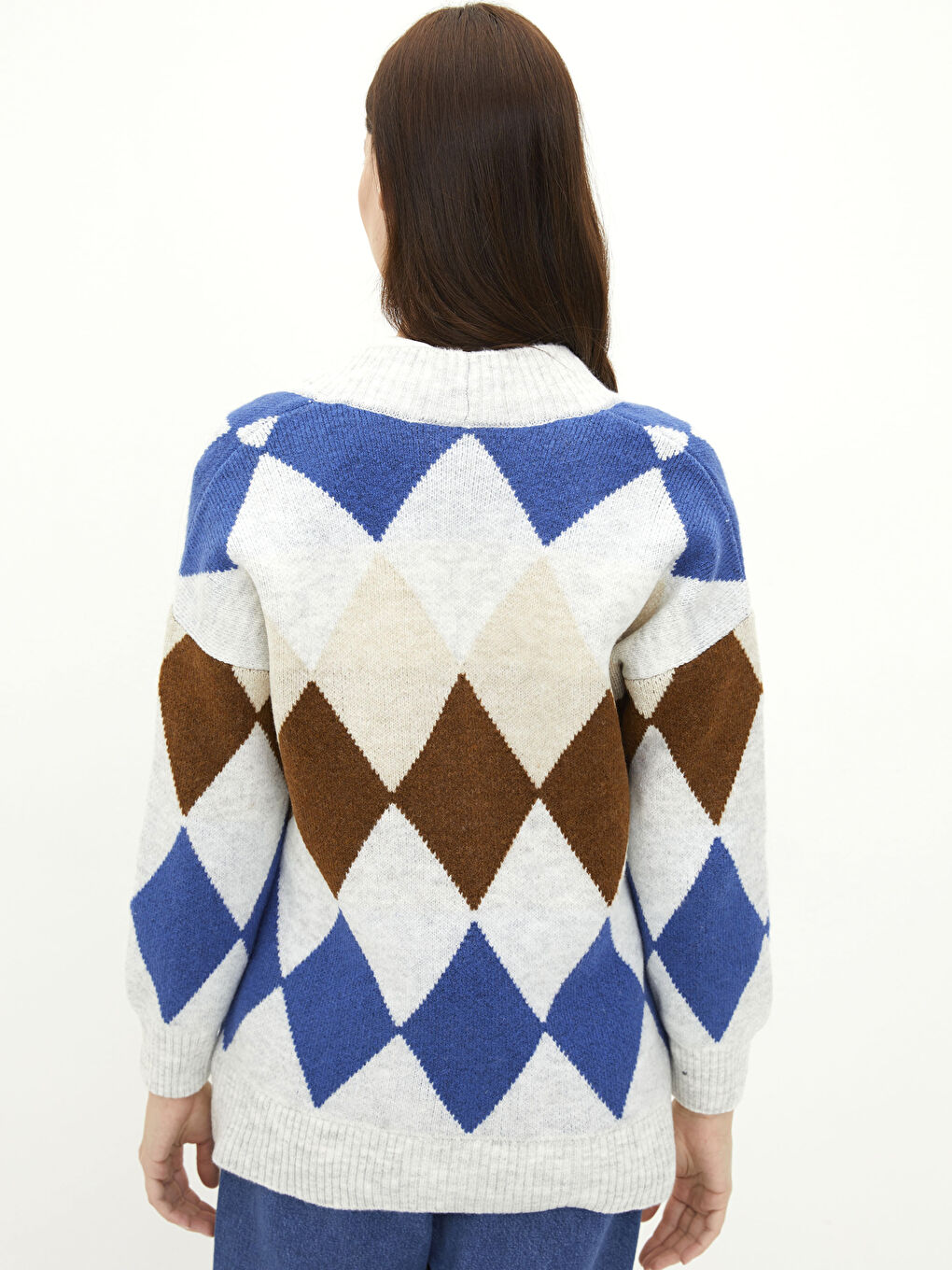 Mavi V Yaka Desenli Kadın Triko Hırka-6