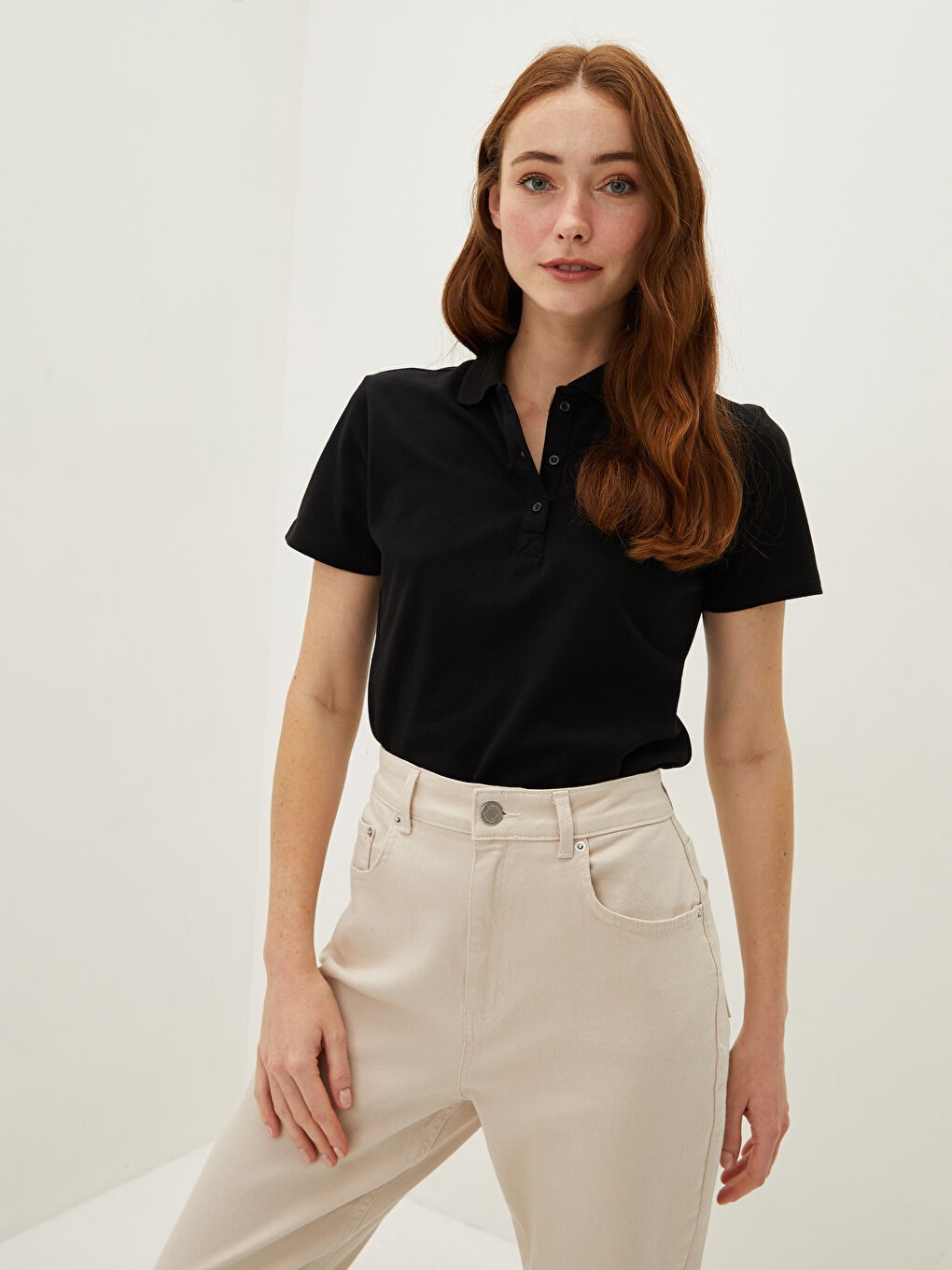 Polo Neck Straight Short Sleeve Piqué Women's T-Shirt-1