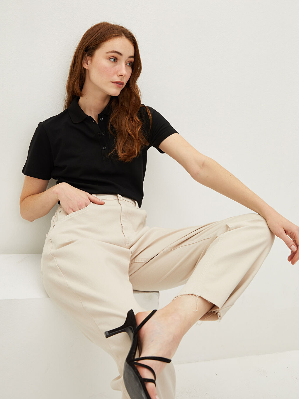 Polo Neck Straight Short Sleeve Piqué Women's T-Shirt-2