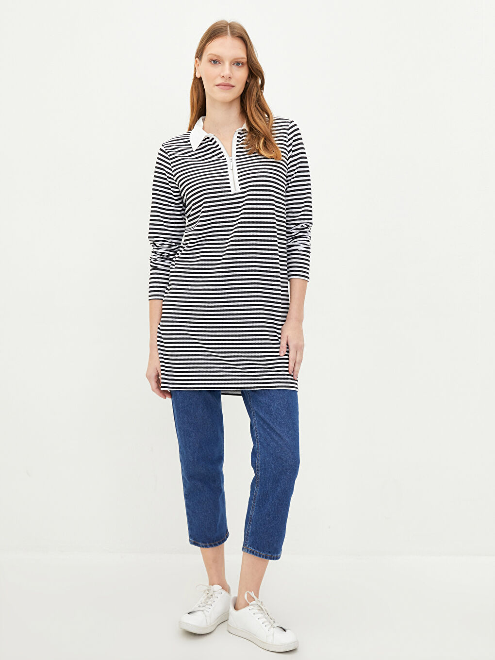 Siyah Gömlek Yaka Çizgili Uzun Kollu Kadın Tunik-1