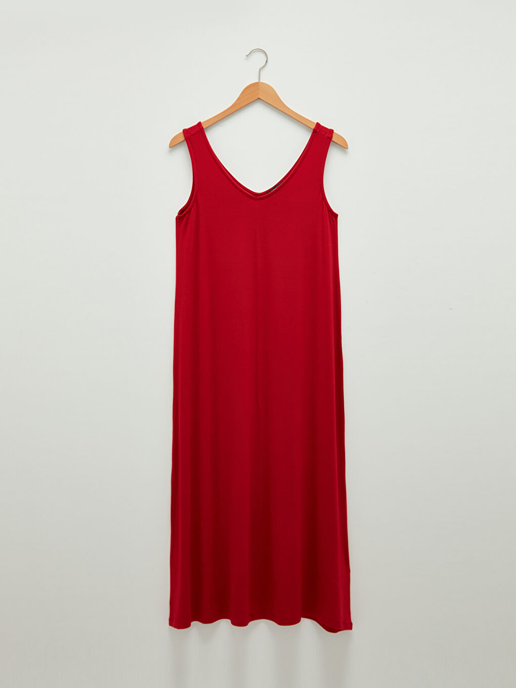 Kırmızı V Yaka Düz Askılı Viskon Kadın Elbise-4