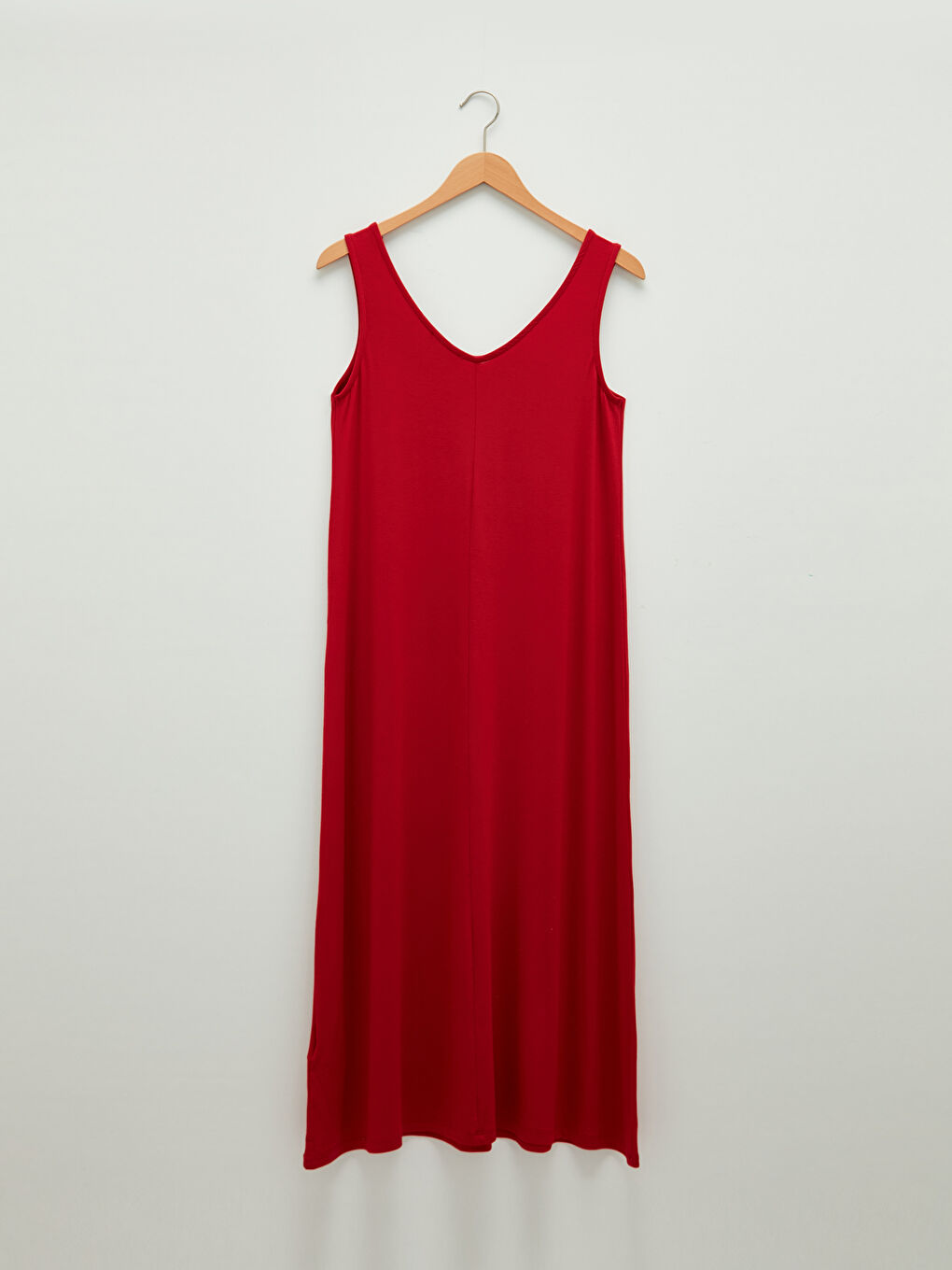 Kırmızı V Yaka Düz Askılı Viskon Kadın Elbise-5