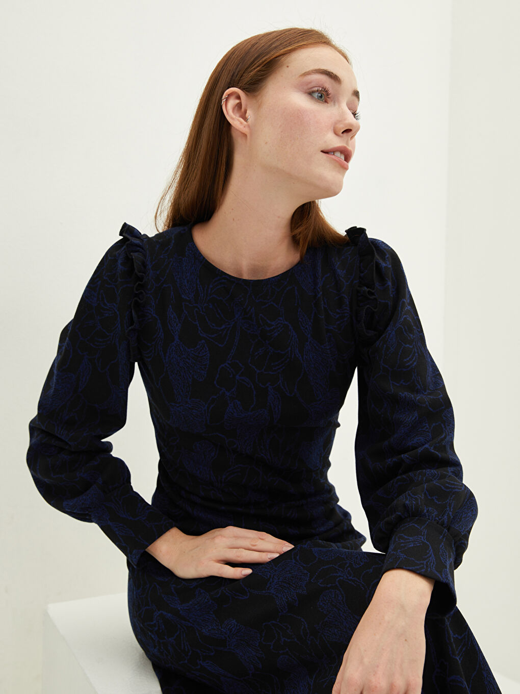 LCWAIKIKI Classic Crew Neck Patterned Long Sleeve Ponte Fabric Women's Dress -W1G266Z8-HLM