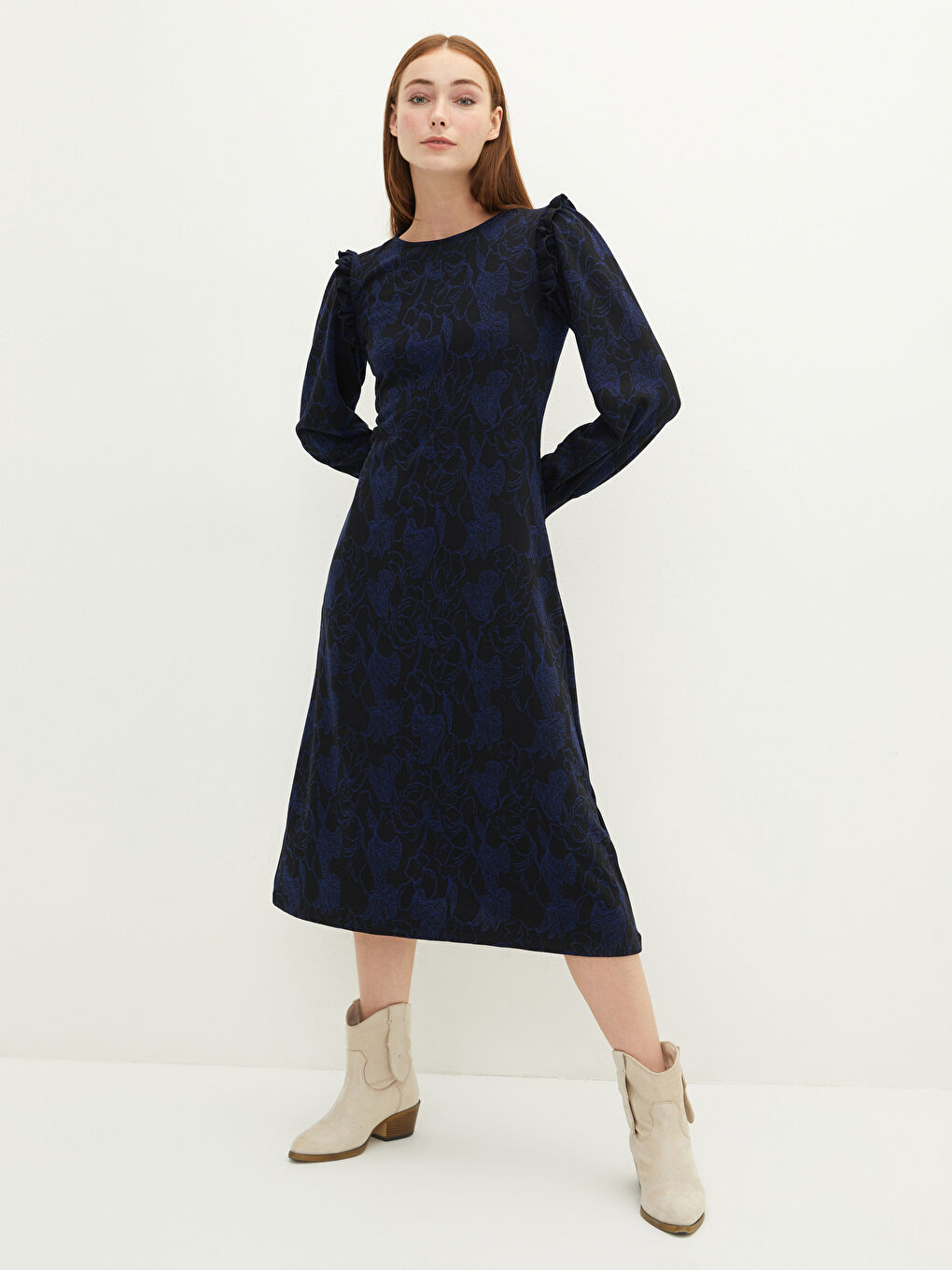 LCWAIKIKI Classic Crew Neck Patterned Long Sleeve Ponte Fabric Women's Dress -W1G266Z8-HLM