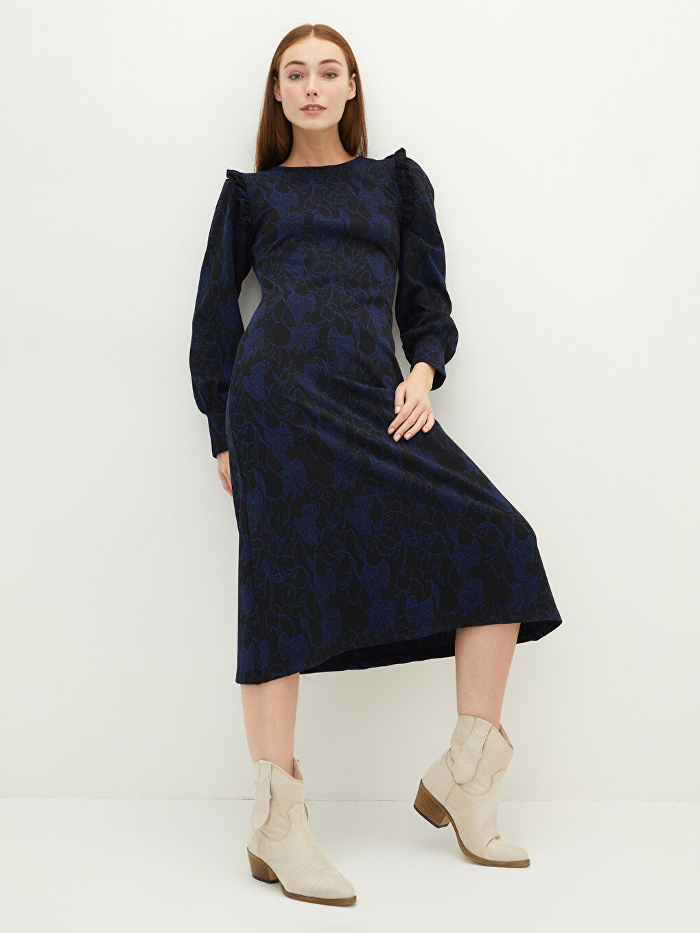 LCWAIKIKI Classic Crew Neck Patterned Long Sleeve Ponte Fabric Women's Dress -W1G266Z8-HLM