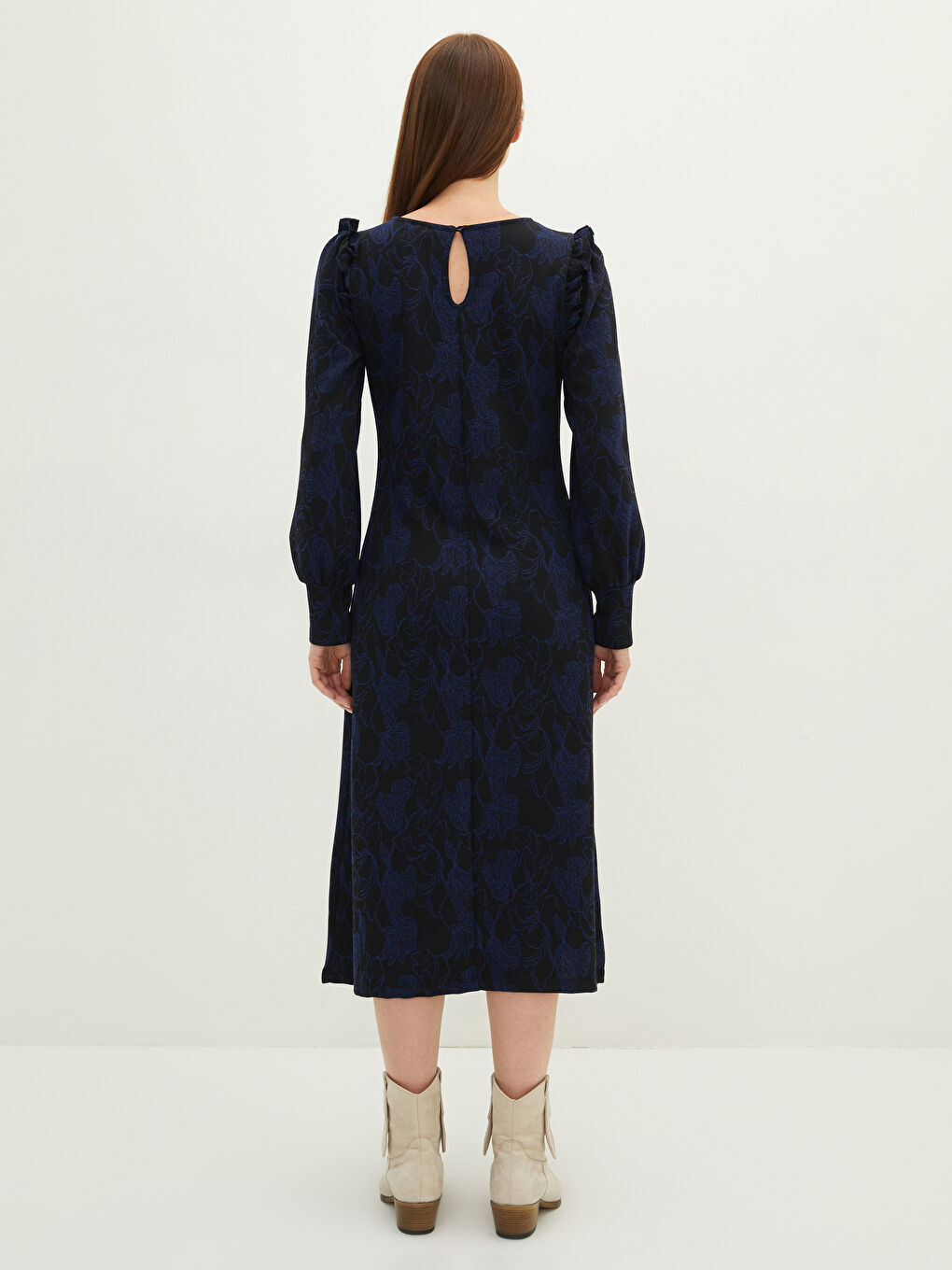 LCWAIKIKI Classic Crew Neck Patterned Long Sleeve Ponte Fabric Women's Dress -W1G266Z8-HLM