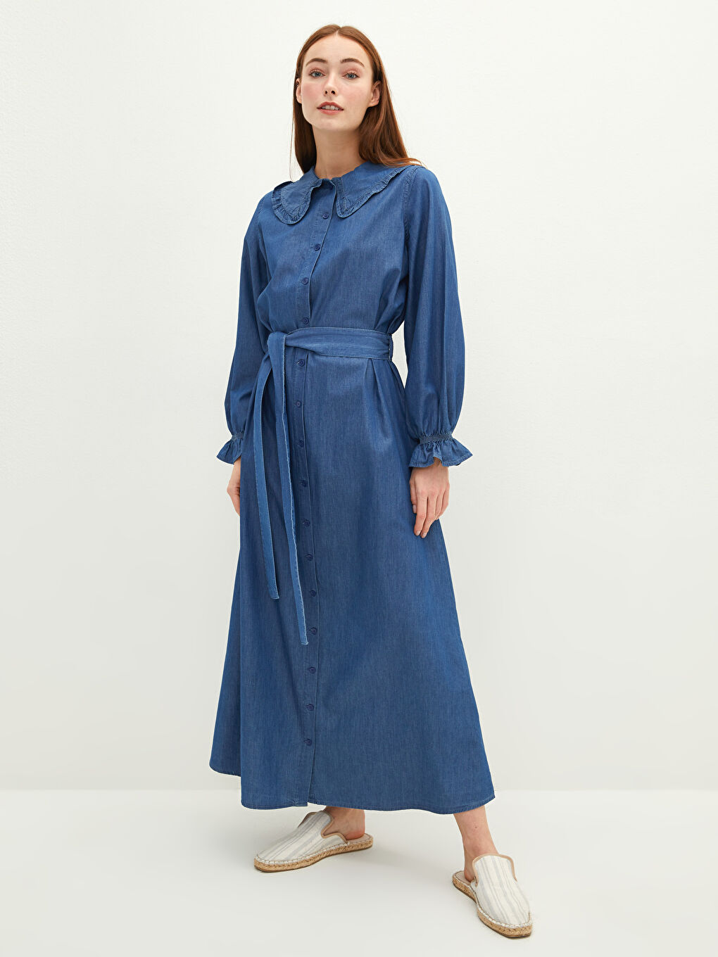 İndigo Bebe Yaka Düz Uzun Kollu Beli Kuşaklı Kadın Jean Elbise-2