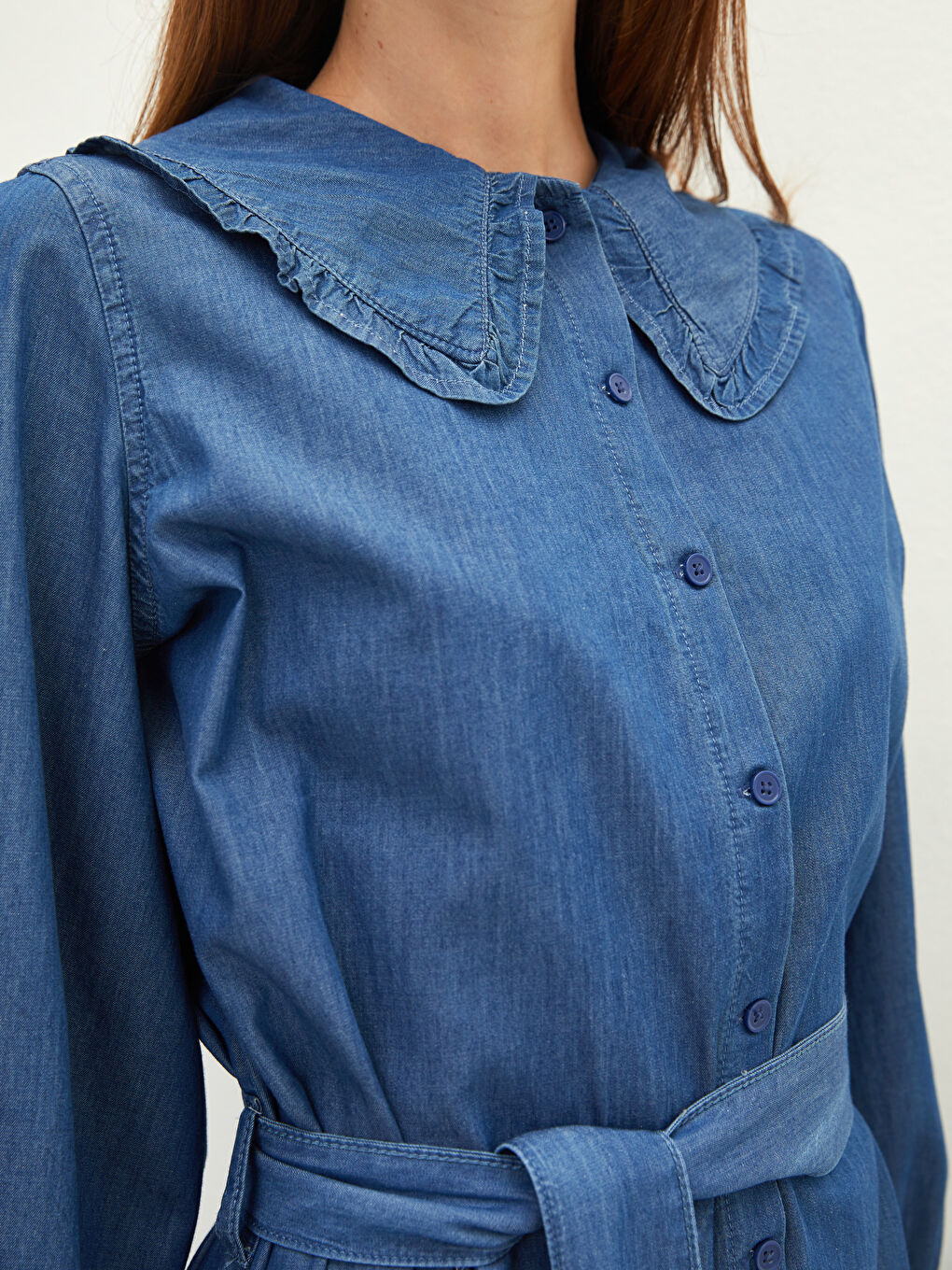 İndigo Bebe Yaka Düz Uzun Kollu Beli Kuşaklı Kadın Jean Elbise-3