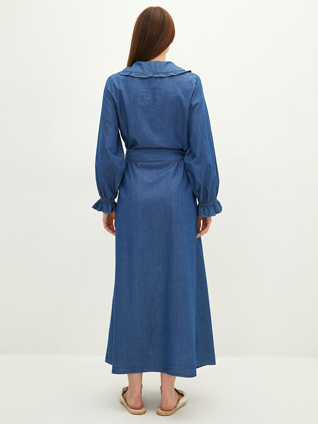 İndigo Bebe Yaka Düz Uzun Kollu Beli Kuşaklı Kadın Jean Elbise-4