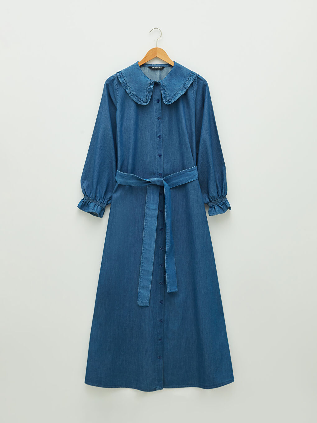 İndigo Bebe Yaka Düz Uzun Kollu Beli Kuşaklı Kadın Jean Elbise-5