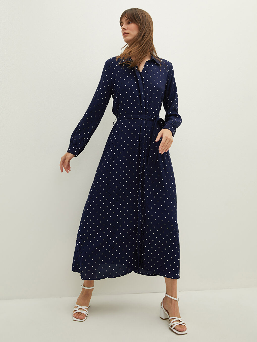 Polka Dot Long Sleeve Viscose Women Shirt Dress-1