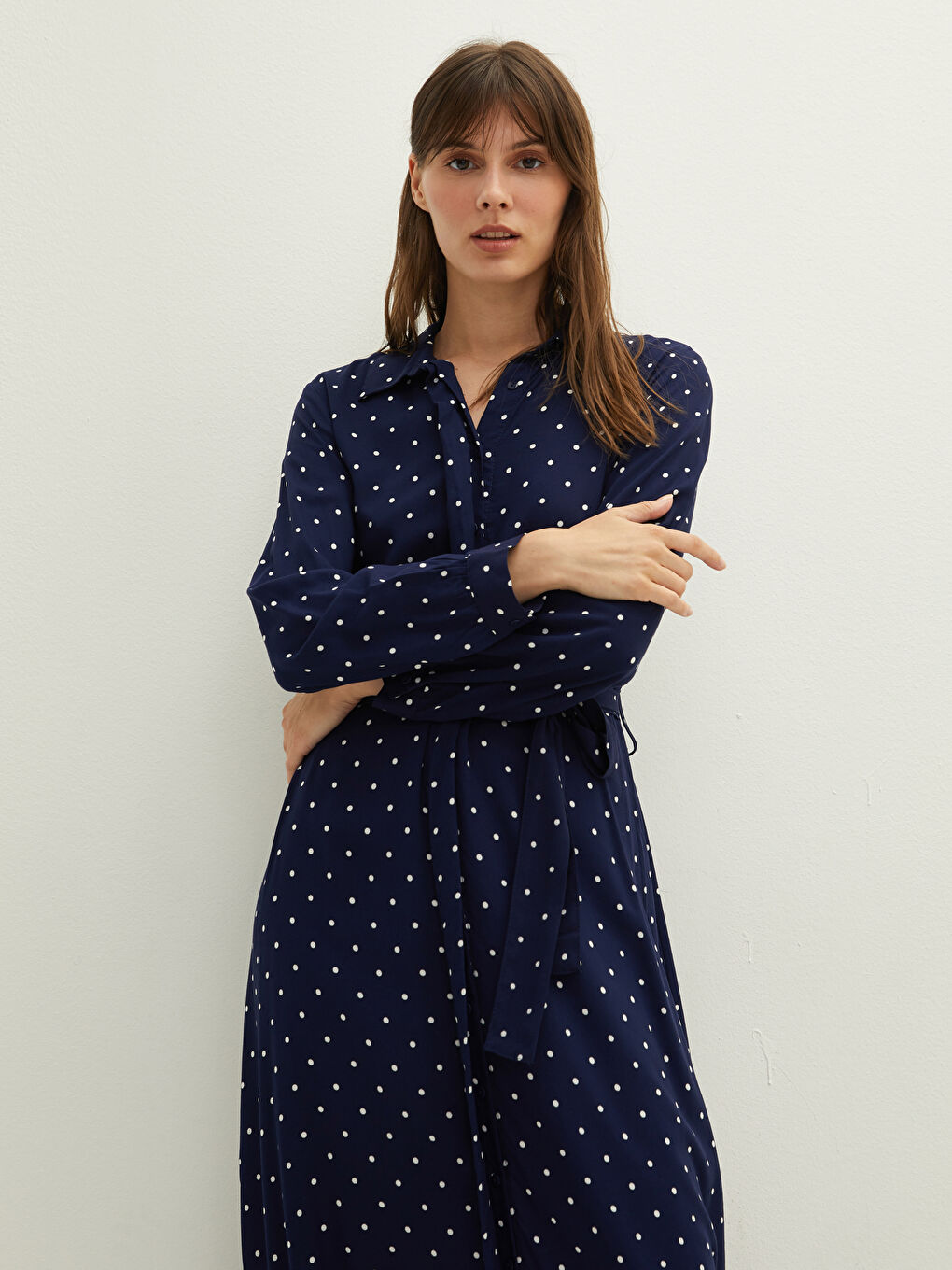 Polka Dot Long Sleeve Viscose Women Shirt Dress-2