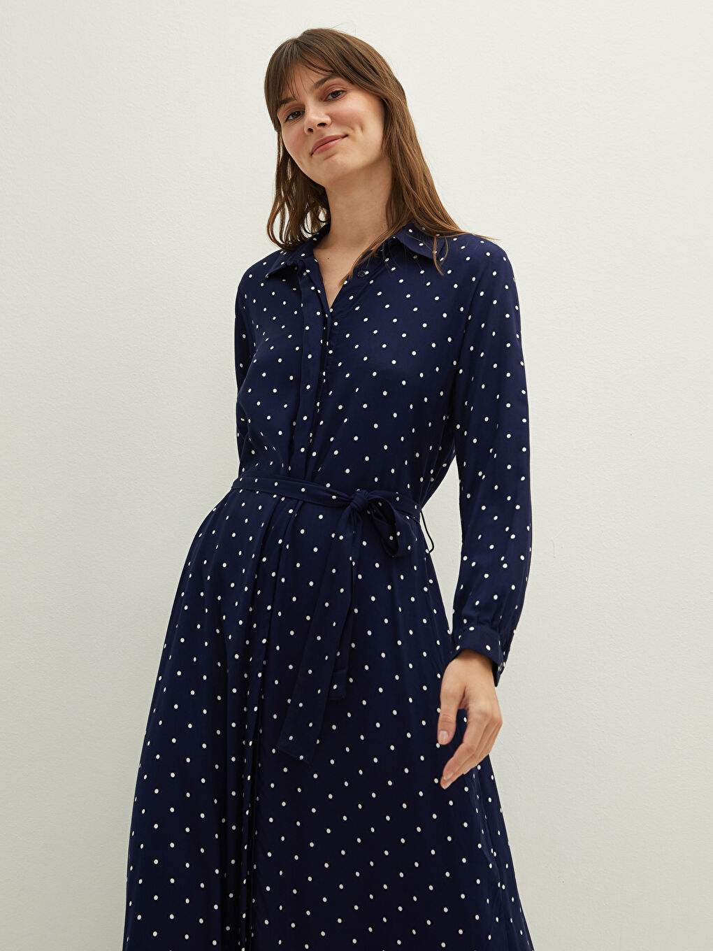 Polka Dot Long Sleeve Viscose Women Shirt Dress-3