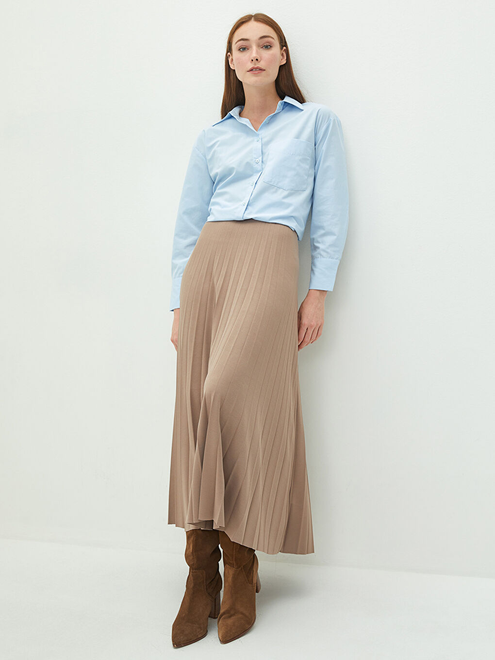 Kahverengi LCW Modest Basic Pileli Kadın Etek-2