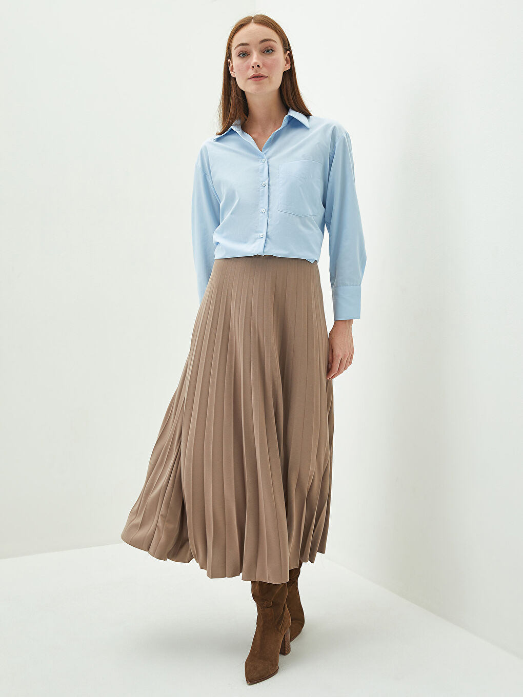 Kahverengi LCW Modest Basic Pileli Kadın Etek-3