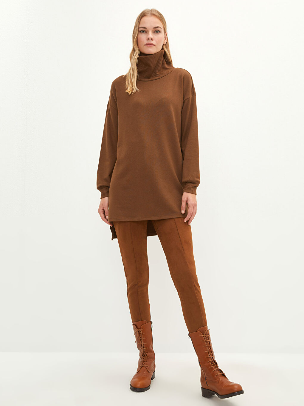 Kahverengi Balıkçı Yaka Düz Uzun Kollu Kadın Tunik-2