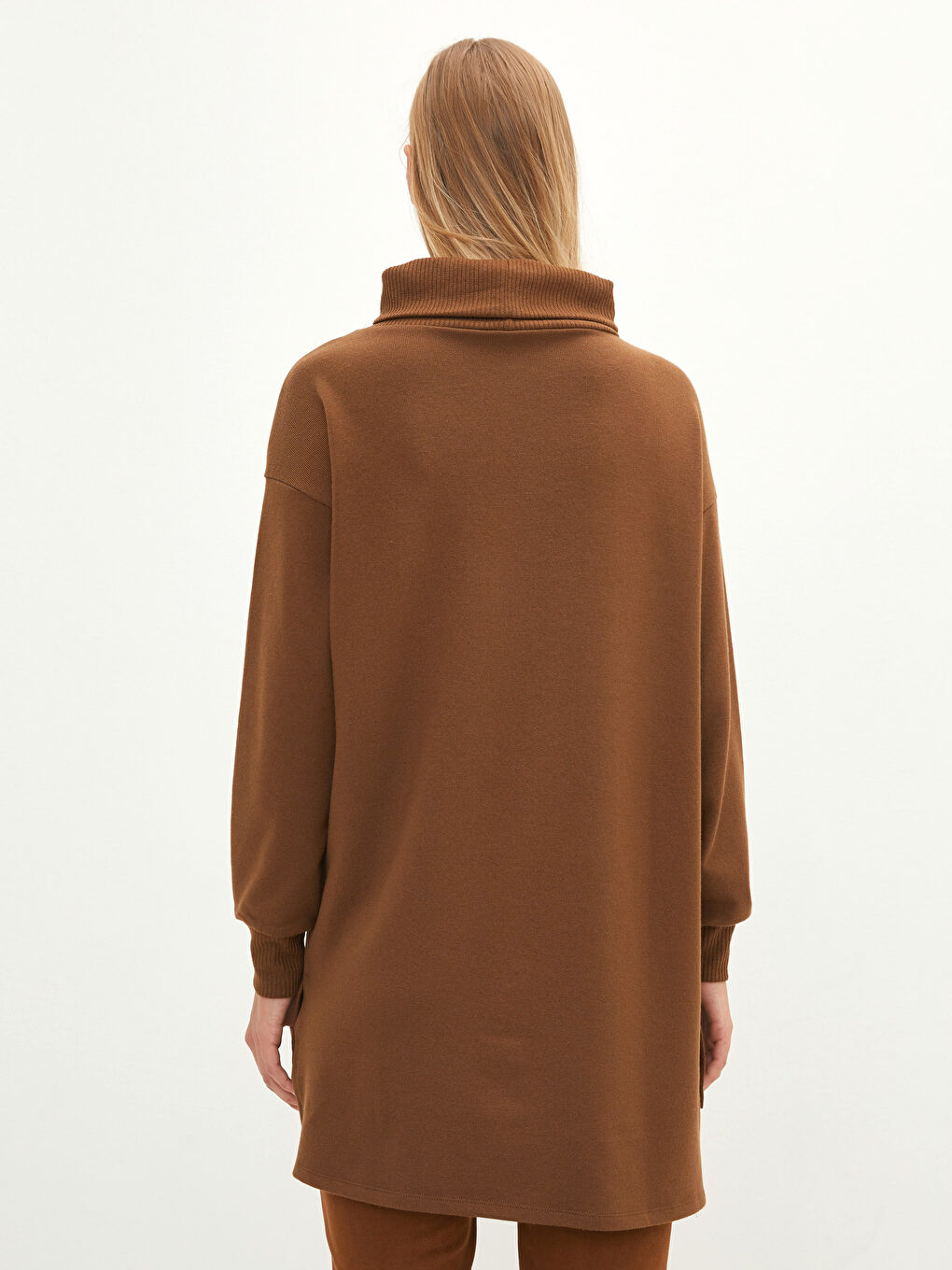 Kahverengi Balıkçı Yaka Düz Uzun Kollu Kadın Tunik-4