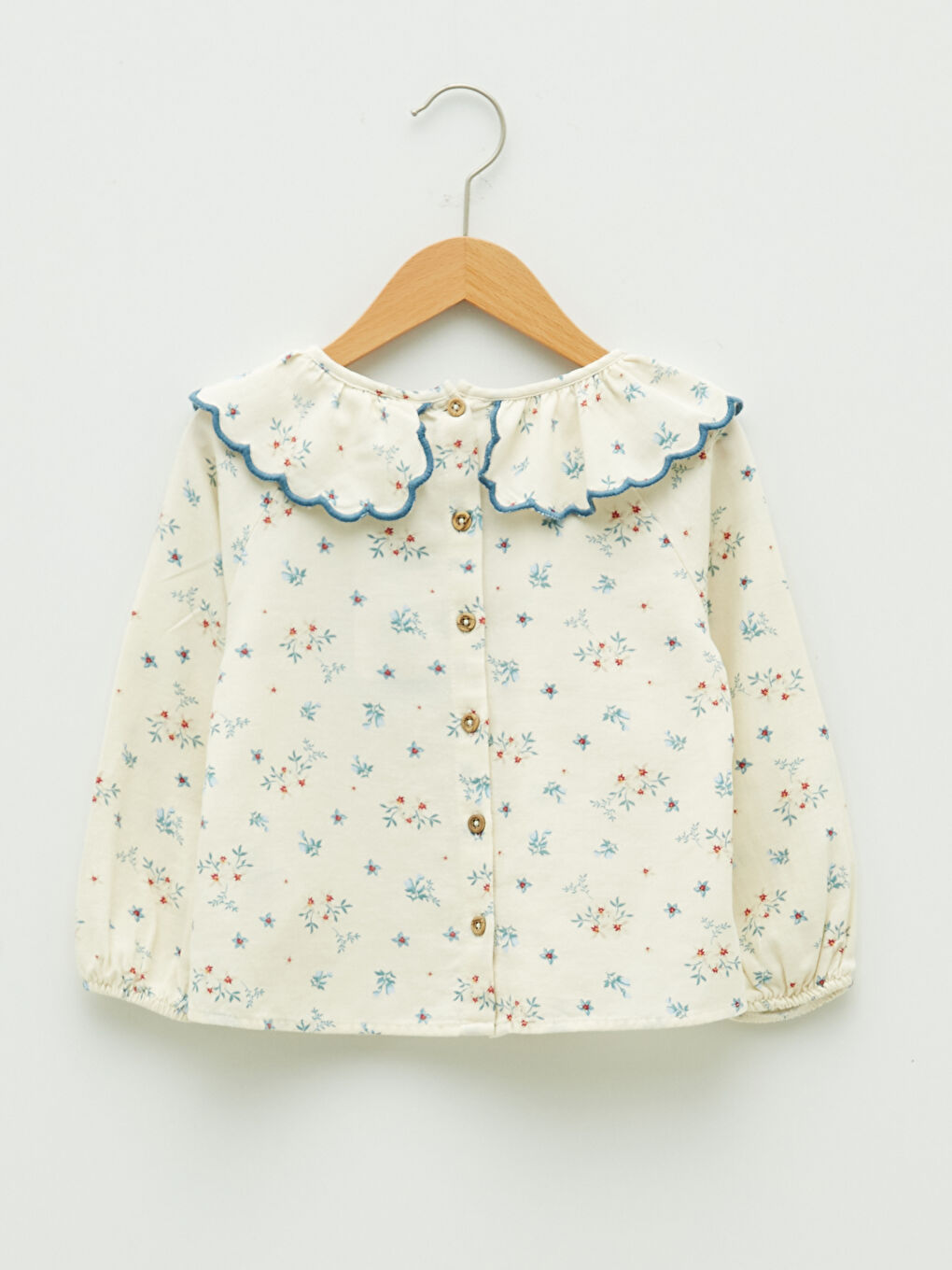 Ekru Bebe Yaka Uzun Kollu Desenli Pamuklu Kız Bebek Bluz-1