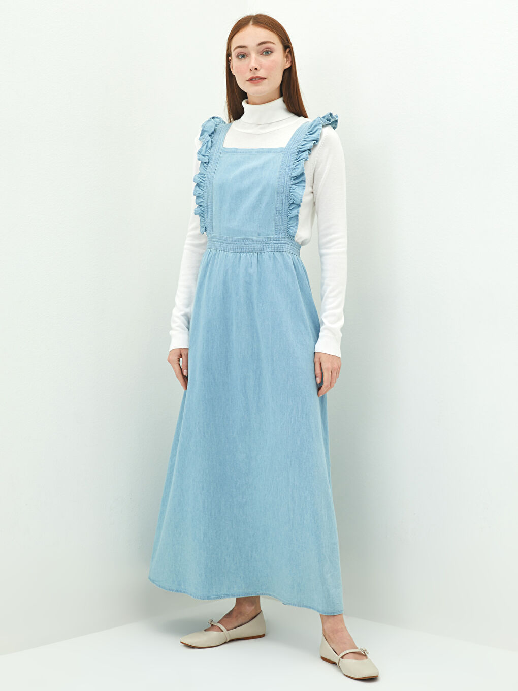 LCW Modest Square Collar Strap Ruffle Detailed Women's Rodeo Jean Dress -W1G402Z8-H45