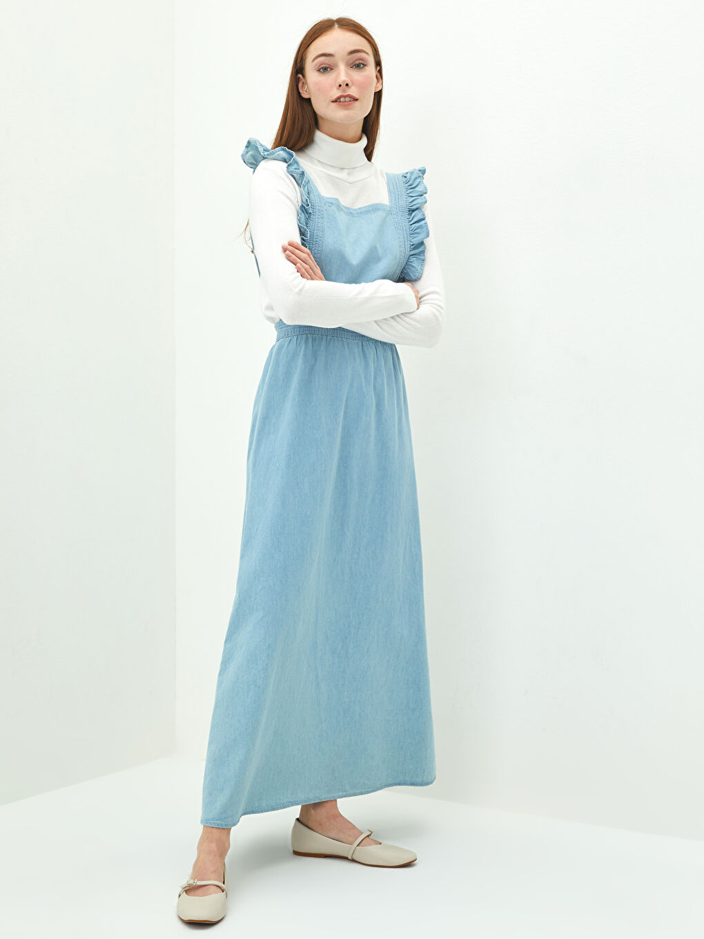 LCW Modest Square Collar Strap Ruffle Detailed Women's Rodeo Jean Dress -W1G402Z8-H45