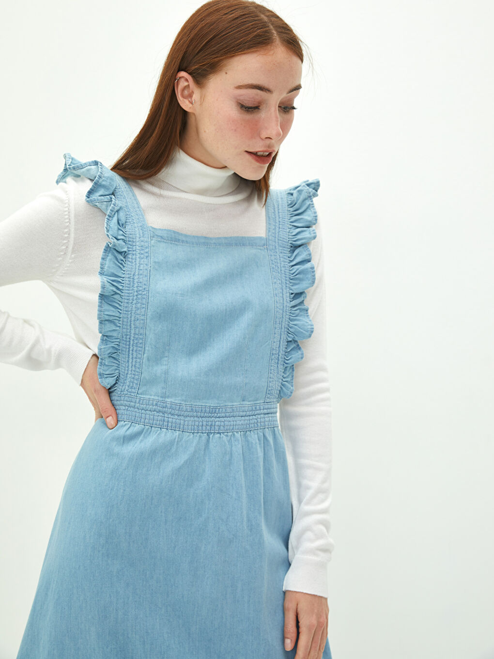 LCW Modest Square Collar Strap Ruffle Detailed Women's Rodeo Jean Dress -W1G402Z8-H45