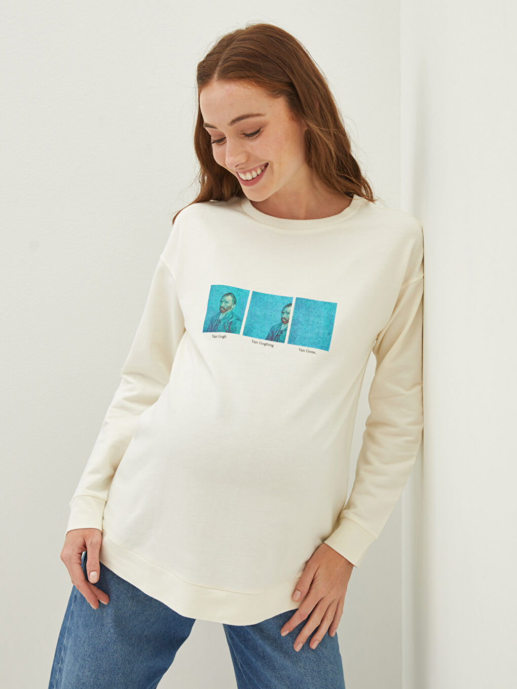 LCWAIKIKI Maternity Krem Rengi Bisiklet Yaka Vincent Van Gogh Baskılı Uzun Kollu Kadın Sweatshirt - 1