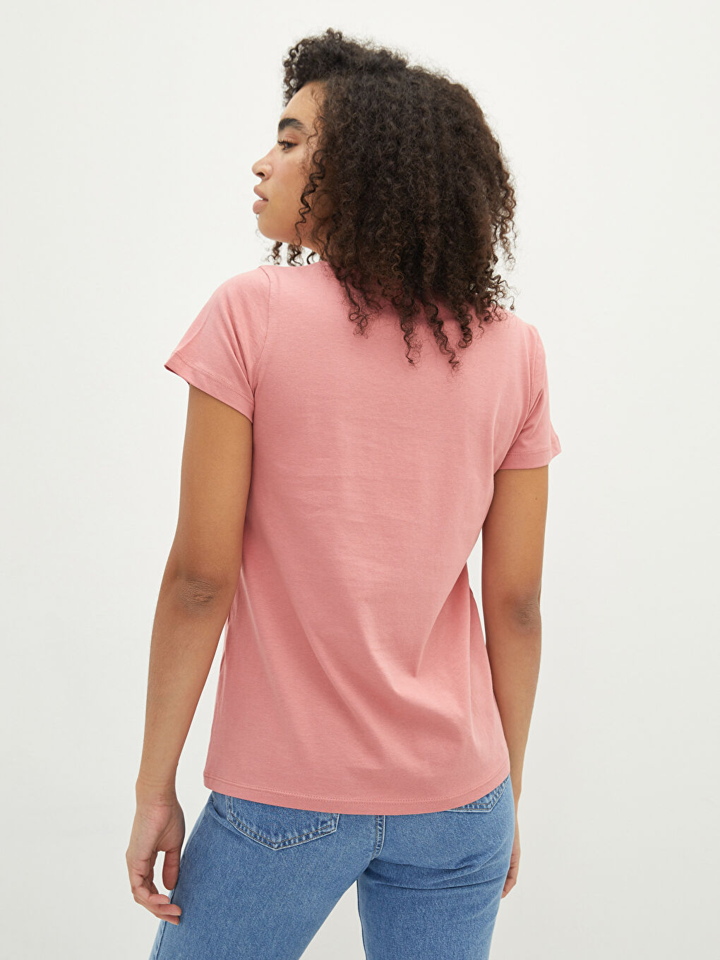 Pembe Bisiklet Yaka Baskılı Kısa Kollu Pamuklu Kadın Tişört-4