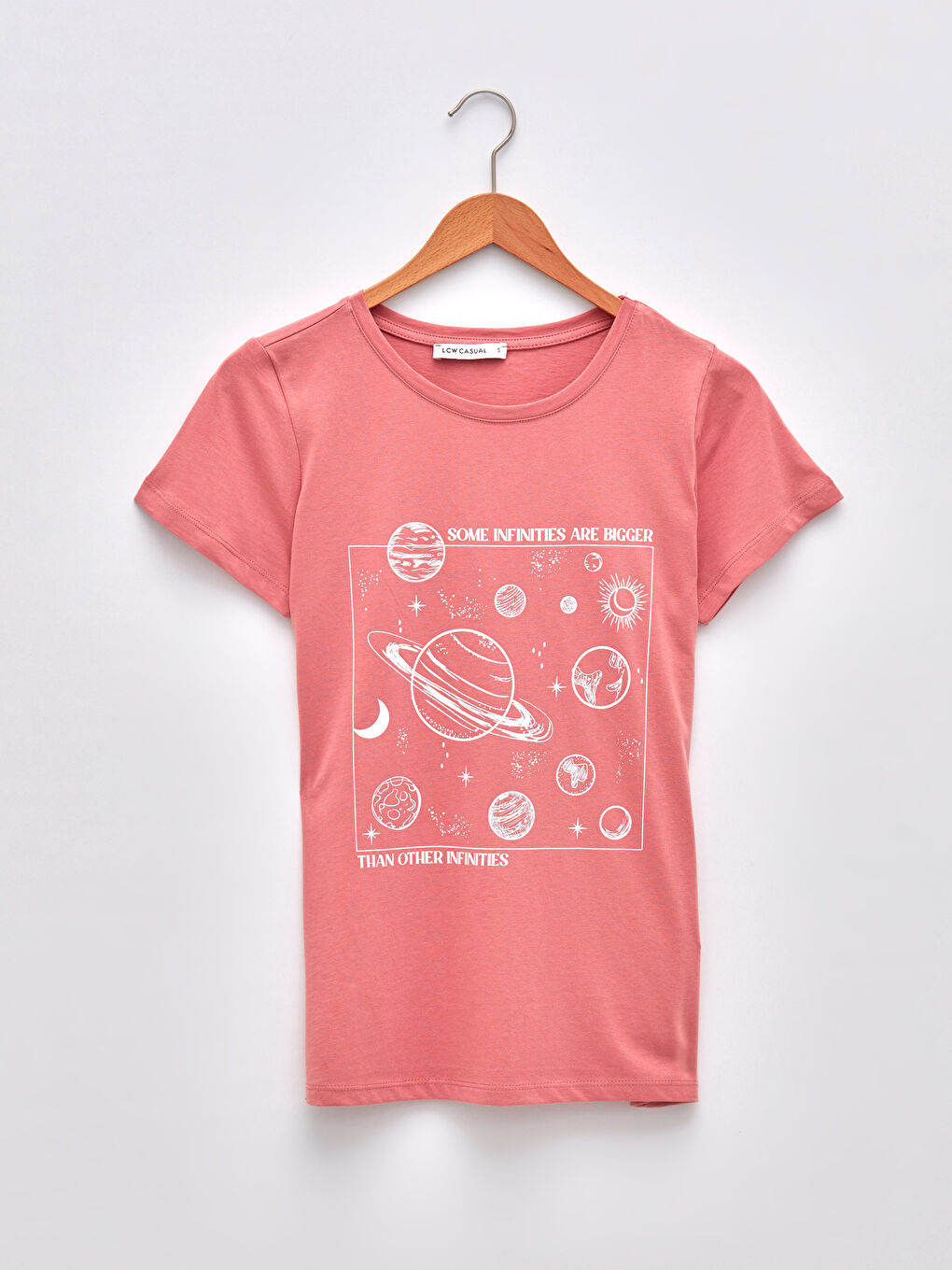 Pembe Bisiklet Yaka Baskılı Kısa Kollu Pamuklu Kadın Tişört-5