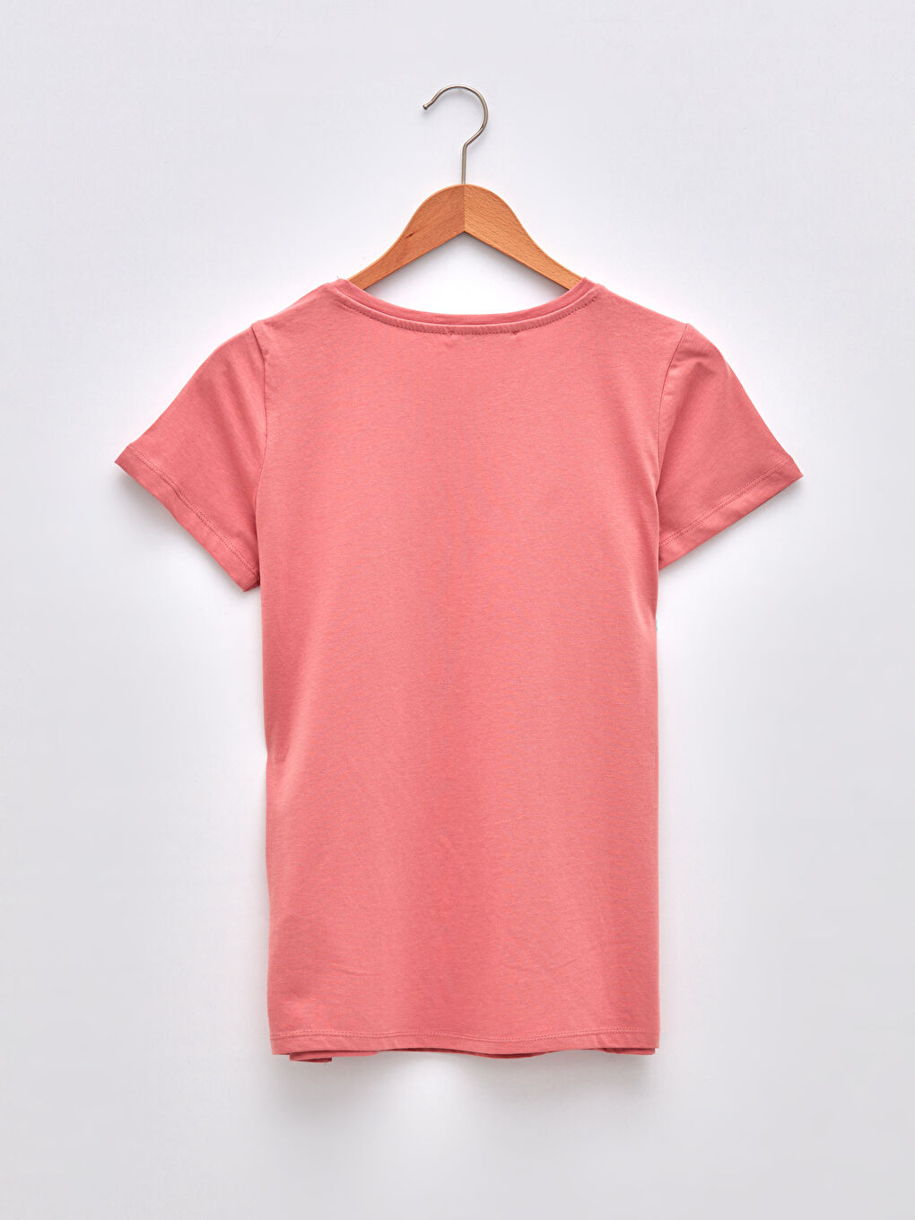 Pembe Bisiklet Yaka Baskılı Kısa Kollu Pamuklu Kadın Tişört-6