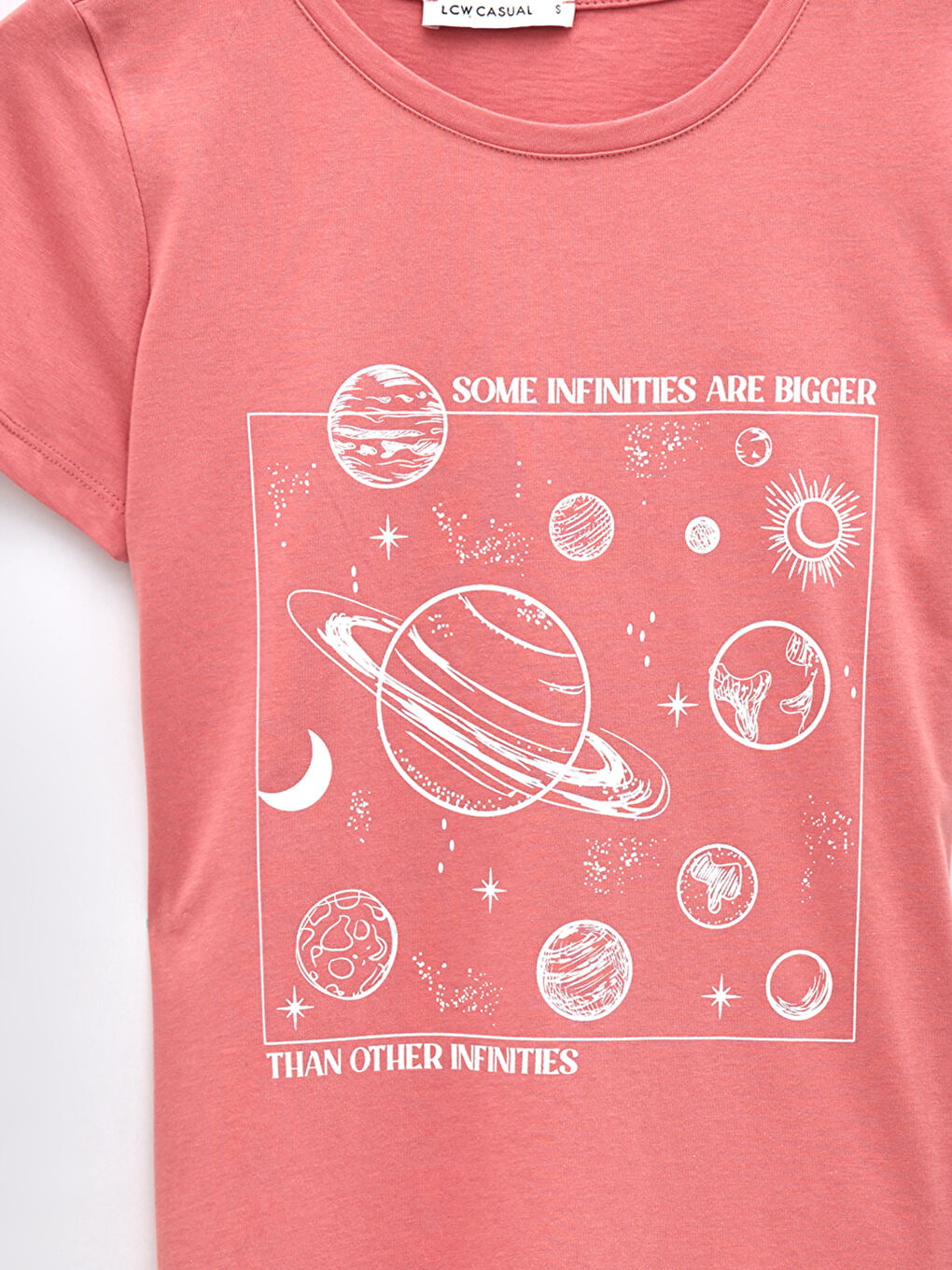 Pembe Bisiklet Yaka Baskılı Kısa Kollu Pamuklu Kadın Tişört-7